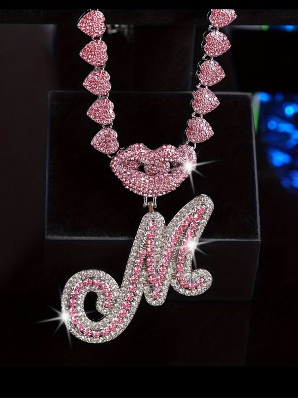 M Pink Initial Necklace - Sparkling Script Pendant